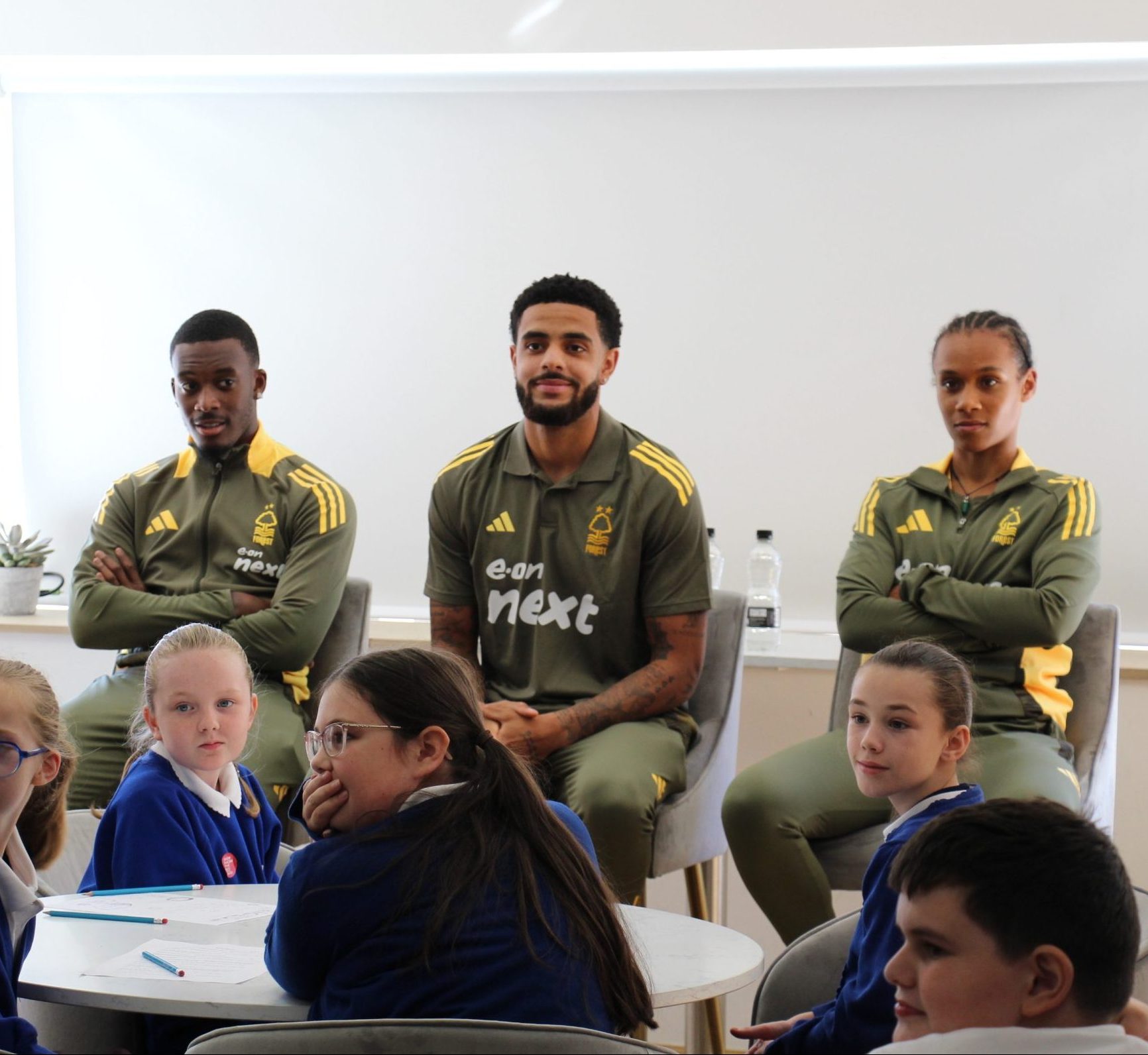 Callum Hudson-Odoi, Andrew Omobamidele and Naomi Bedeau of Nottingham Forest attending a Show Racism the Red Card event at The City Ground.